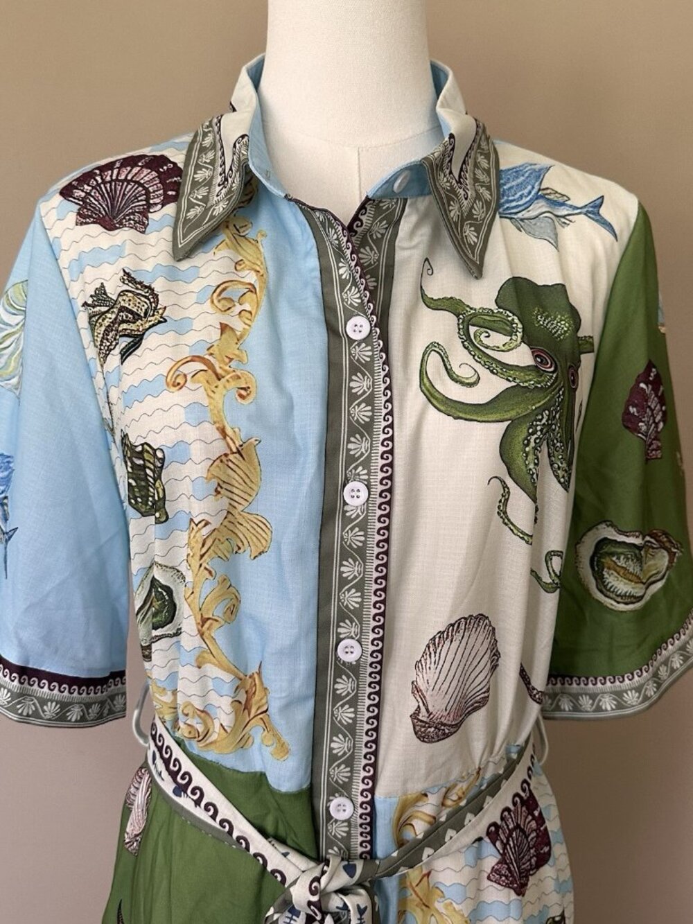 Seaside Shell Print Shirt Dress - Green & Light Blue - Picture 3 of 11